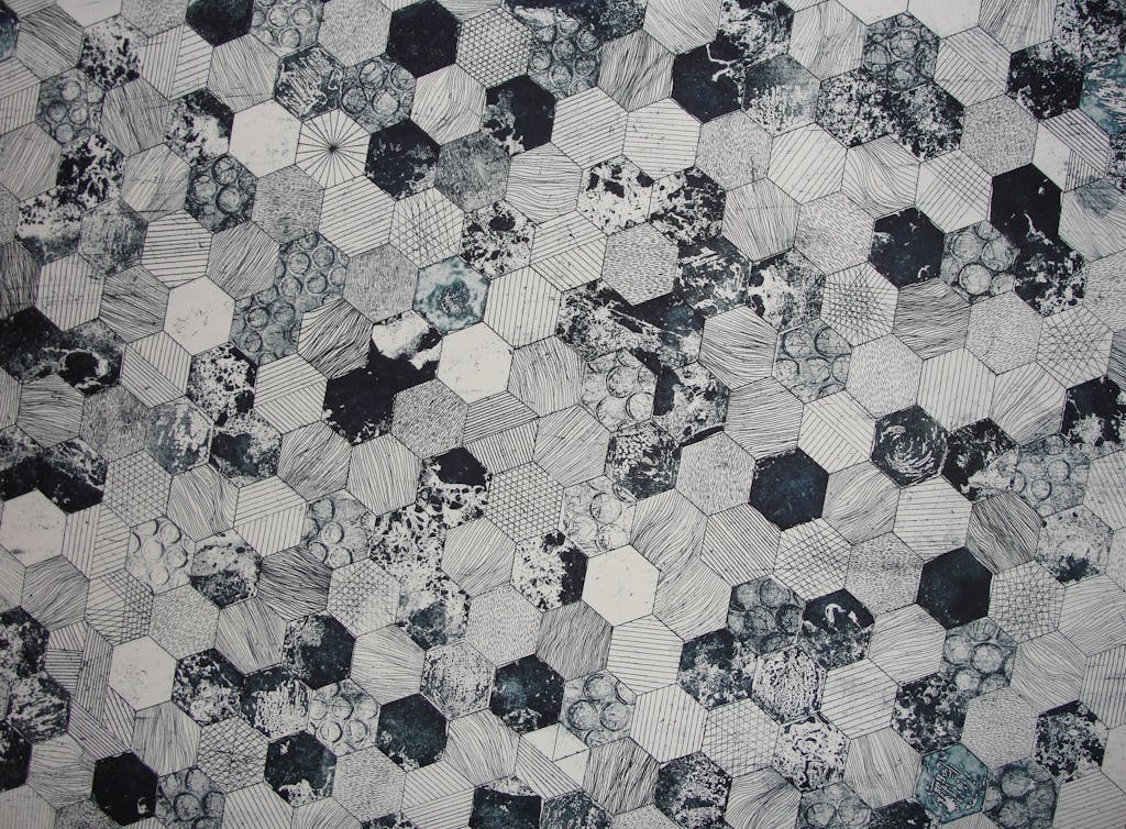 Gray and Black Hive Printed Textile